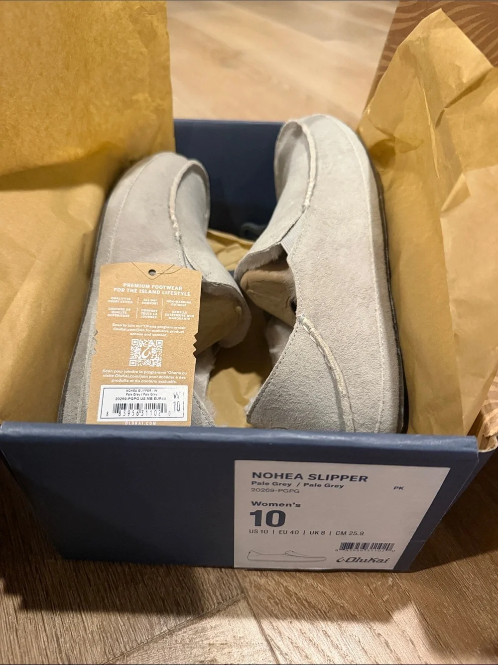 OluKai Women’s Pale Grey Suede Slip-On Loafers